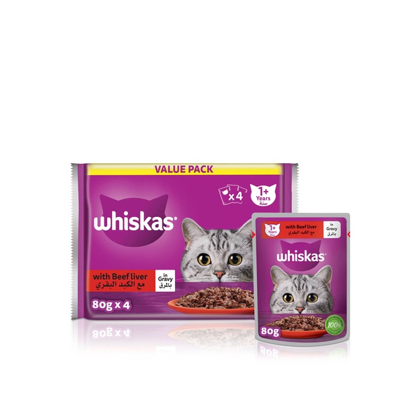Whiskas Wet Cat Food for Adults 1 + Years Pouch with Beef Liver in Gravy 80g x 4