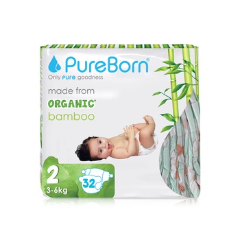 PureBorn Nappies Organic Bamboo Size S-2 (3 - 6 kg) x32