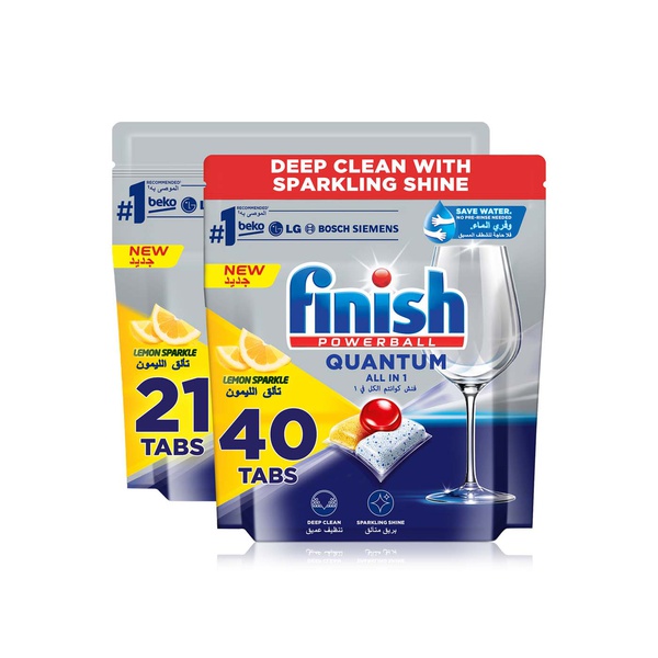 Buy Finish powerball quantum all in one dishwasher tablets lemon sparkle 40tabs and 21tabs in UAE