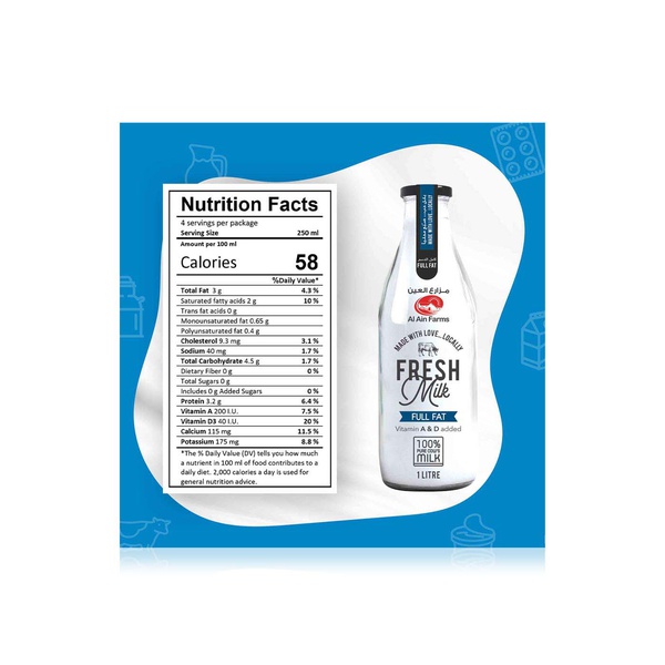 Al Ain Farms Full Cream Milk in Glass Bottle 1 litre