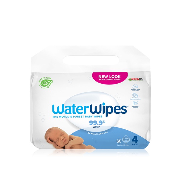 اشتري WaterWipes Original Plastic Free Baby Wipes, 240 wet wipes (4 packs), 99.9% Water Based Wet Wipes & Unscented for Sensitive Skin في الامارات
