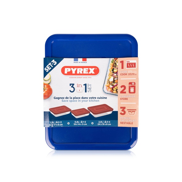 Buy Pyrex cook and store dishes rectangular 3 pack blue  0.8l, 1.5l & 2.6l in UAE
