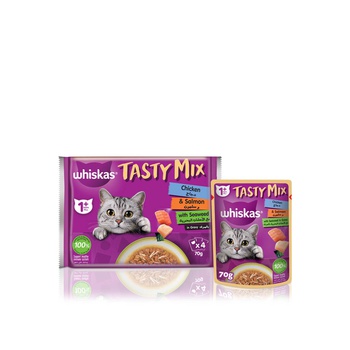Whiskas Tasty Mix Wet Cat Food for Adults 1 + Years with Chicken & Salmon 70g x 4s