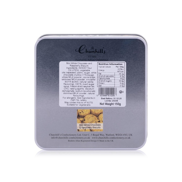 Churchill's Mini White Chocolate and Raspberry Biscuits Pearl Art Deco Tin 150g