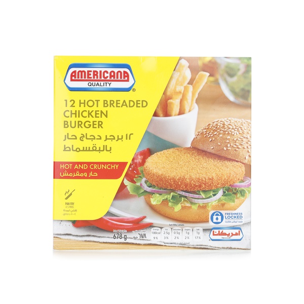 Buy Americana breaded chicken burgers hot and crunchy 12s 678g in UAE