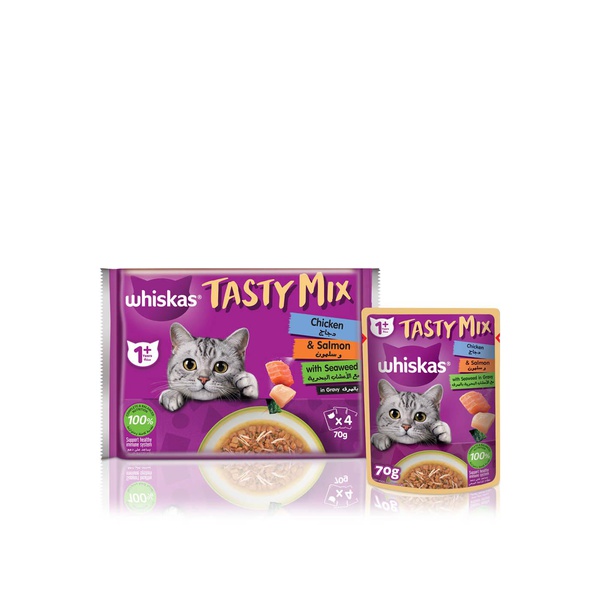 Whiskas Tasty Mix Wet Cat Food for Adults 1 + Years with Chicken & Salmon 70g x 4s