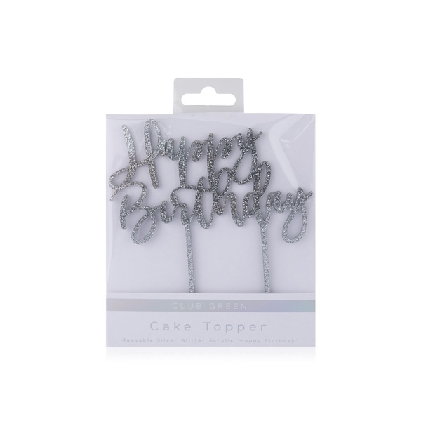 Hootyballoo Happy Birthday Acrylic Silver Cake Topper