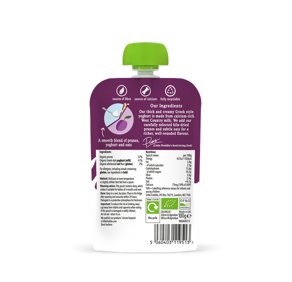 Little Freddie Organic Prune Greek Style Yoghurt with Oats baby food pouch +6m 100g
