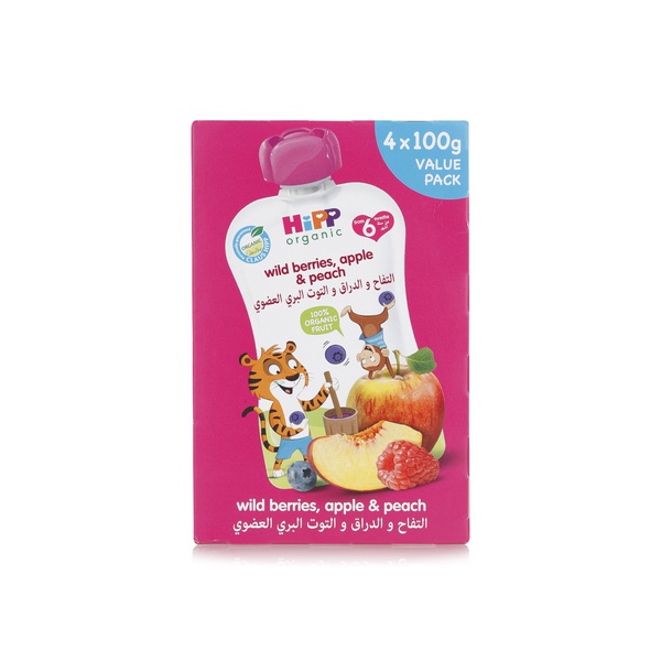 Buy Hipp Organic wild berries, apple and peach pouch 4x100g in UAE