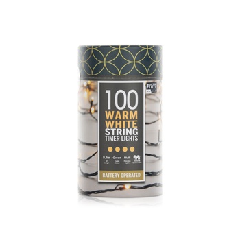 Festive 100 Warm White Battery Powered LED Timer Lights Lit Length 9.9m