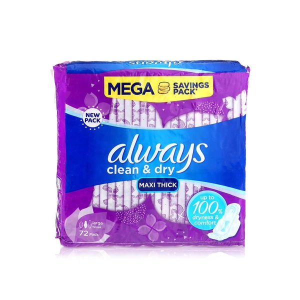 Always Clean & Dry Maxi Thick Sanitary Pads with Wings x 72