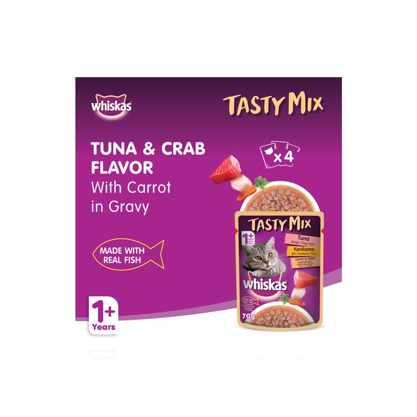 Whiskas Tasty Mix Wet Cat Food for Adults 1 + Years with Tuna & Crab & Carrot 70g x 4s