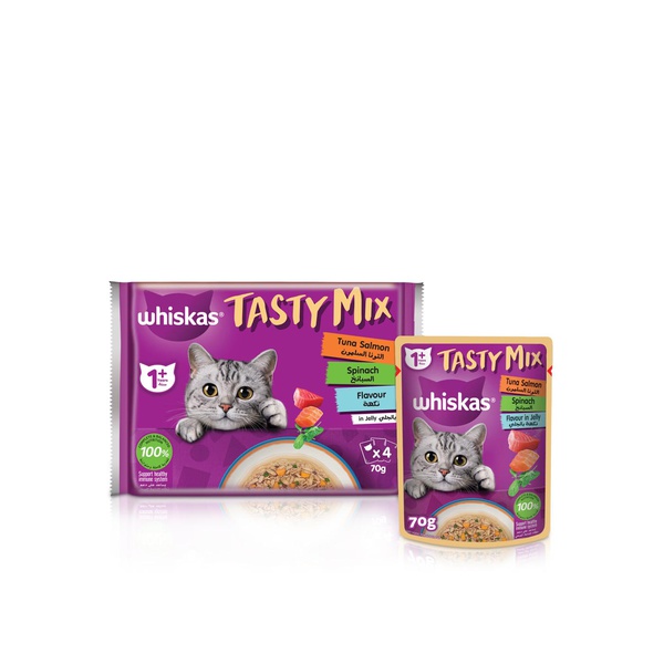 Whiskas Tasty Mix Junior Wet Kitten Food Tuna Salmon and Spinach 70g 4 Pack