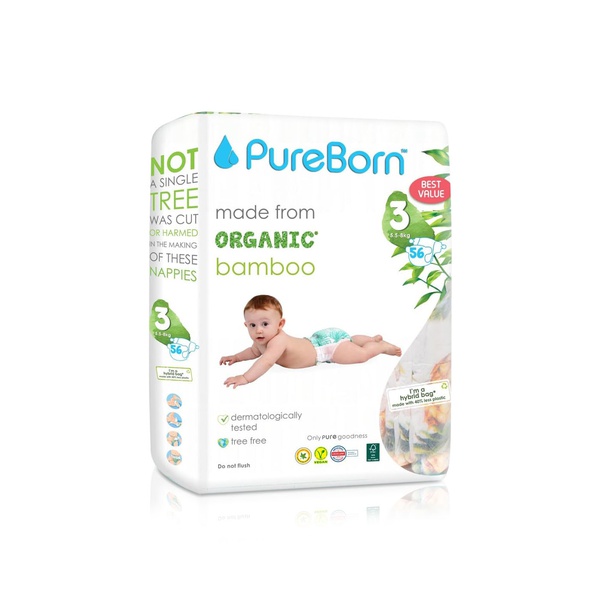 Pureborn Plant-Based Nappies Size 3 5.5-8kg x 56