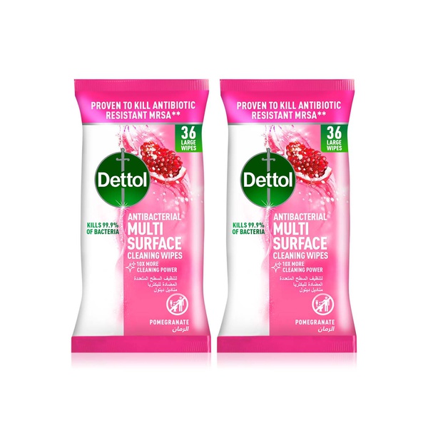 Buy Dettol antibacterial multi surface large cleaning wipes pomegranate 2x36s in UAE