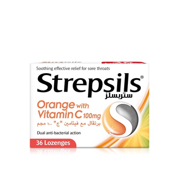 Strepsils Soothing Effective Relief for Sore Throats Orange with Vitamin C 100 mg Lozenges x 36