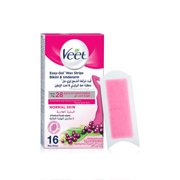 Buy Veet bikini & underarm easy-gel wax strips with shea butter and fragranced with acai berries for normal skin 16s in UAE