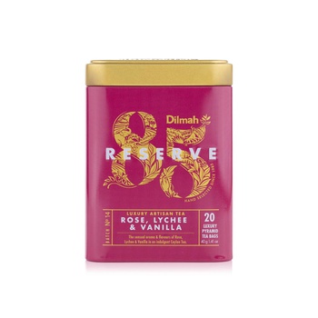 Dilmah 85 Reserve Rose Lychee and Vanilla Ceylon Black Tea Luxury Leaf Tea Bags in Tin Caddy 40g