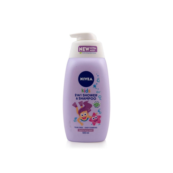 اشتري Nivea 2 in 1 kids shower and shampoo with bio aloe vera berry scent 500ml في الامارات