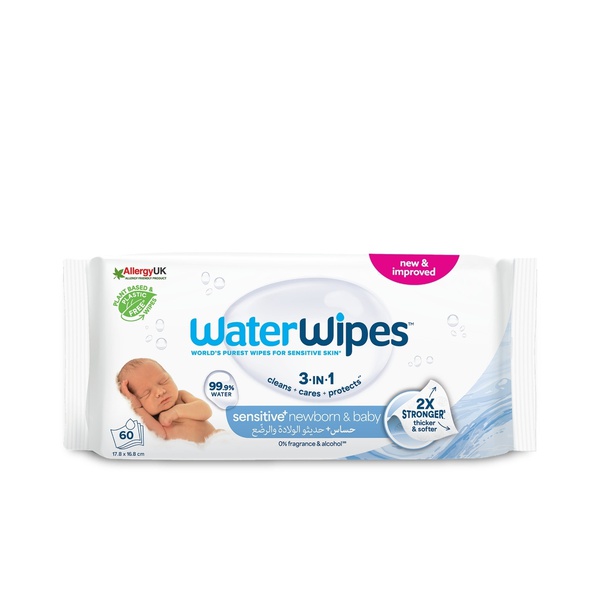 WaterWipes Sensitive+ Newborn & Baby 99.9% Water Wipes x60