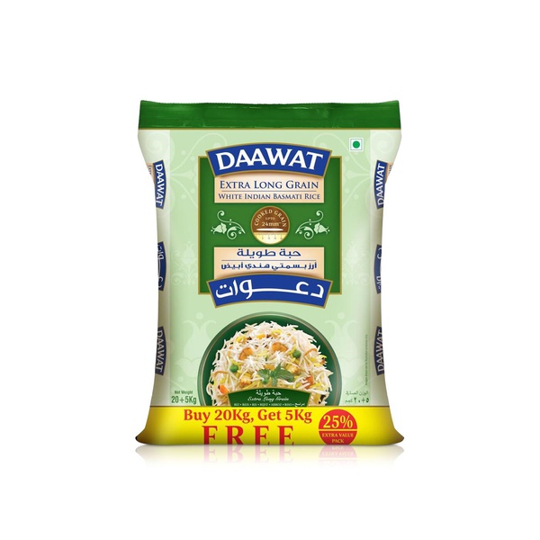 اشتري Daawat extra long grain white Indian basmati rice 20kg+5kg free في الامارات