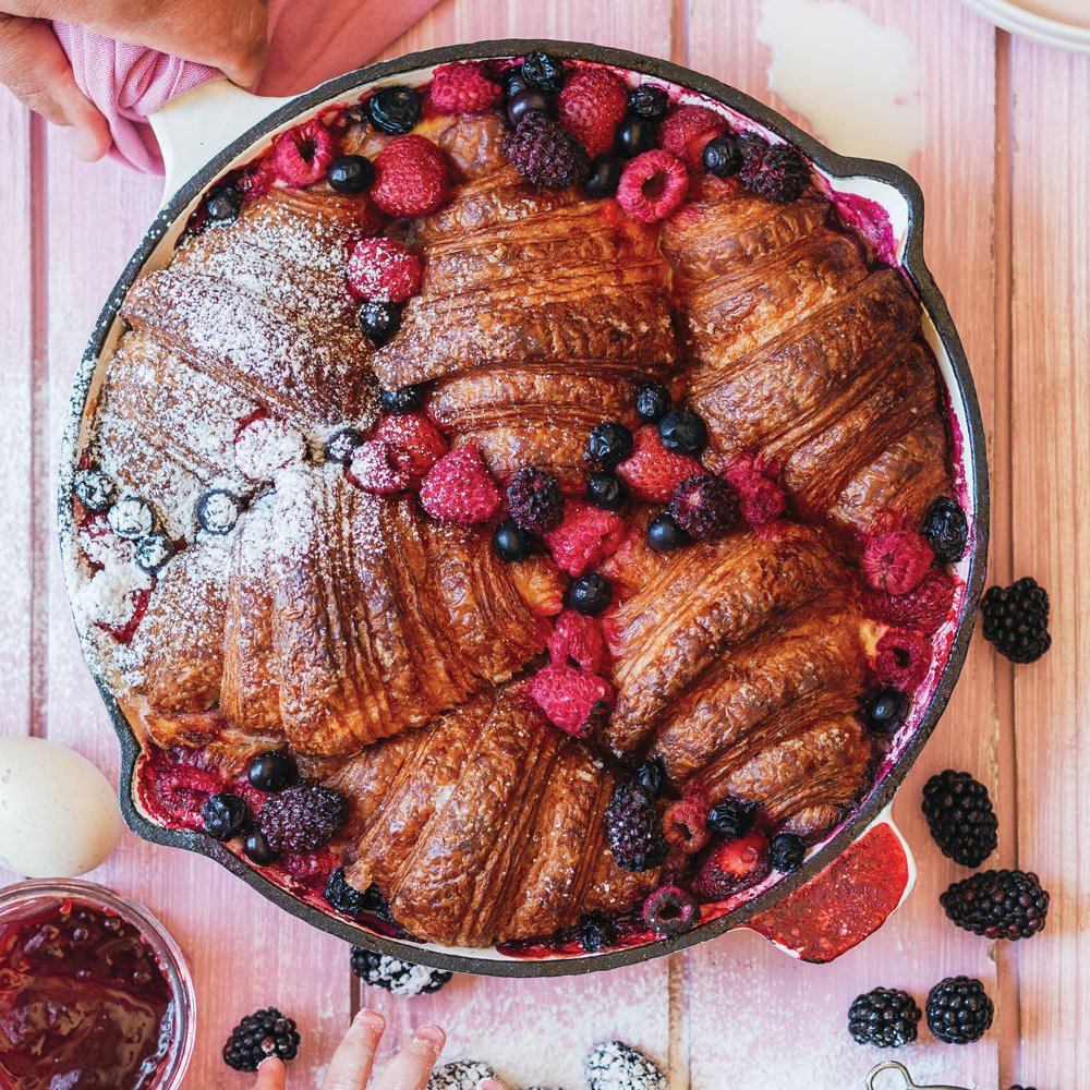 Berry and croissant bread and butter skillet