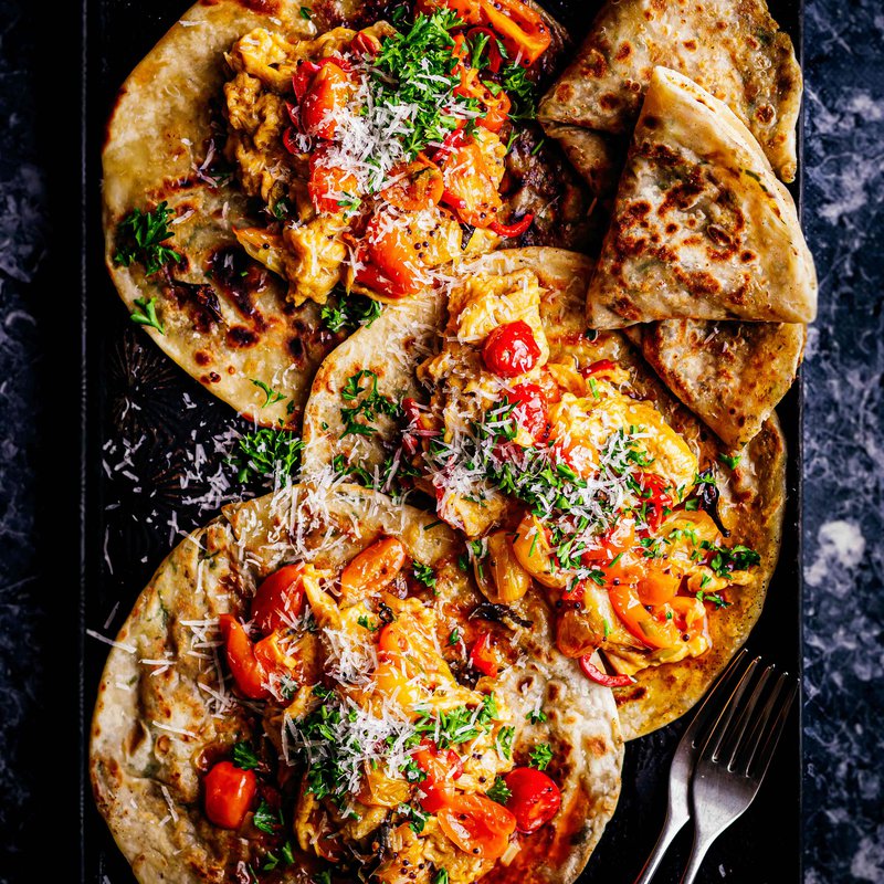 Aloo parathas with spicy tomato scrambled eggs