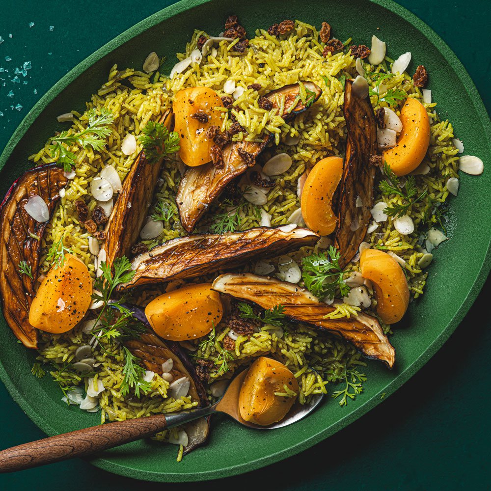 Fresh apricot and aubergine pilaf