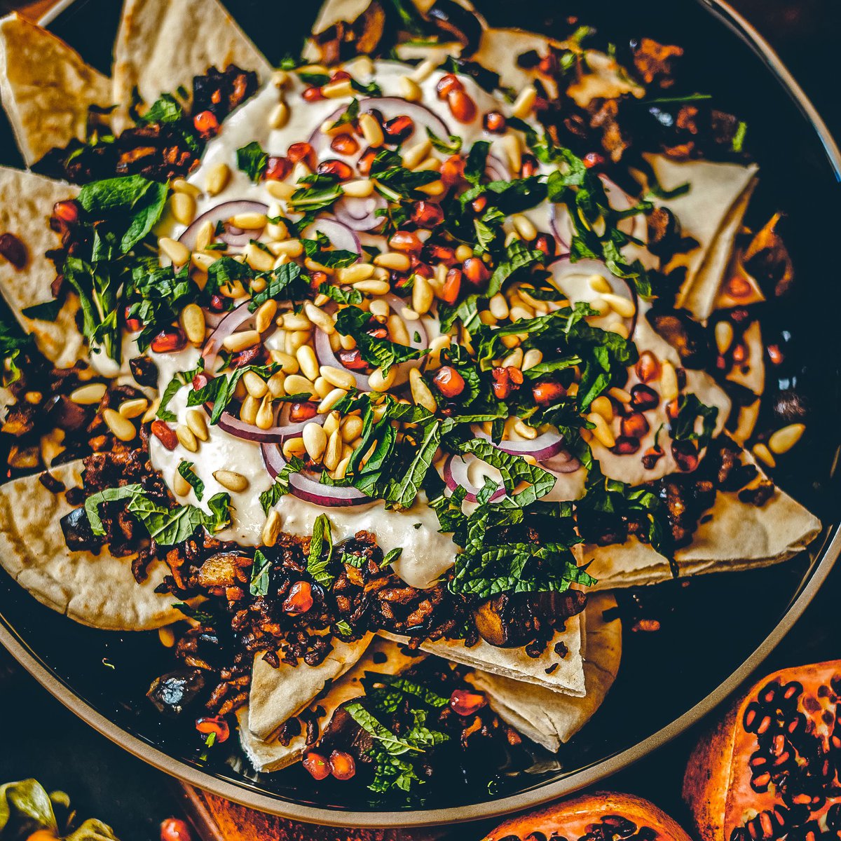 Meatless mince and aubergine fatteh