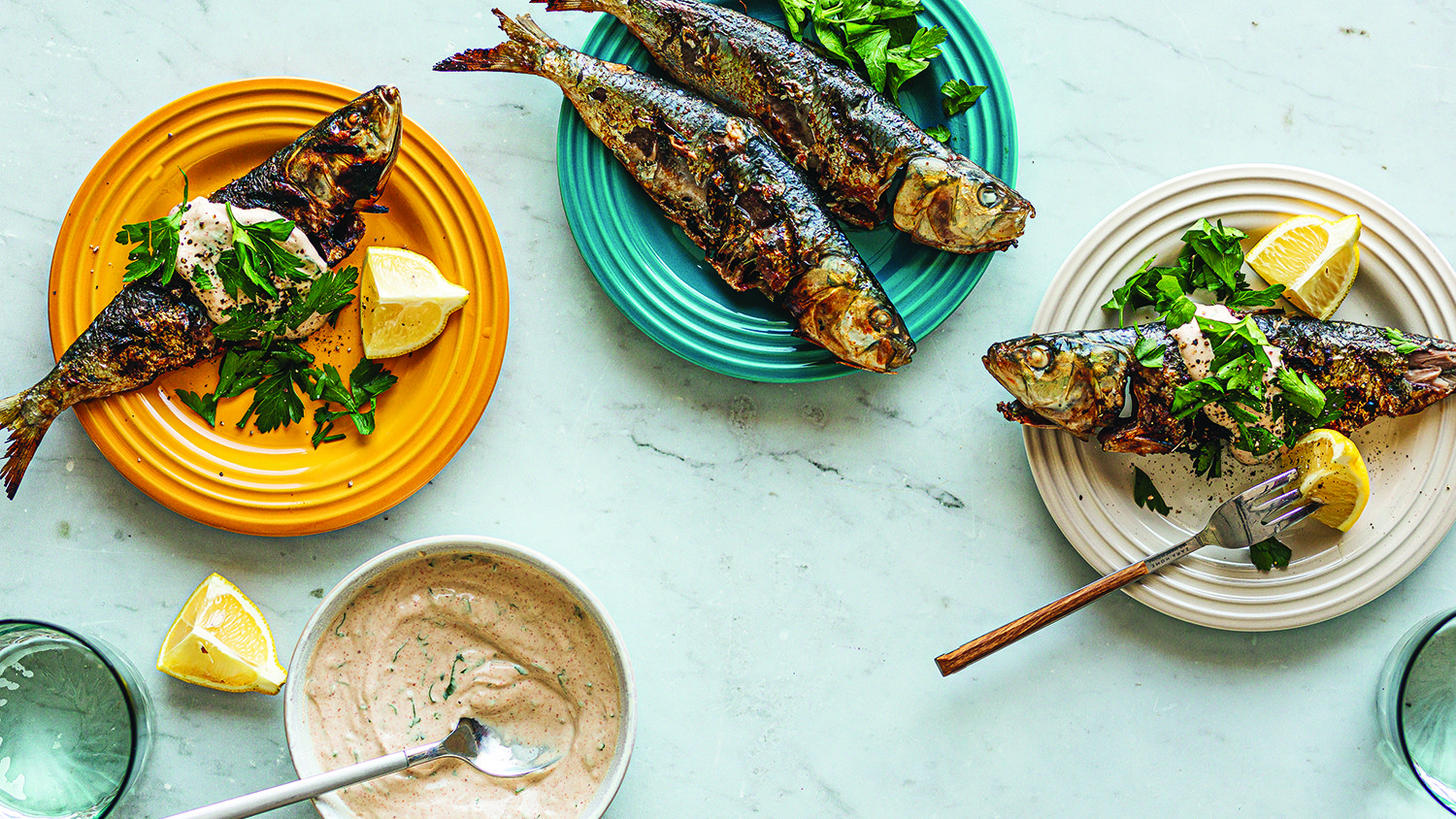 BBQ sardines with tarator sauce