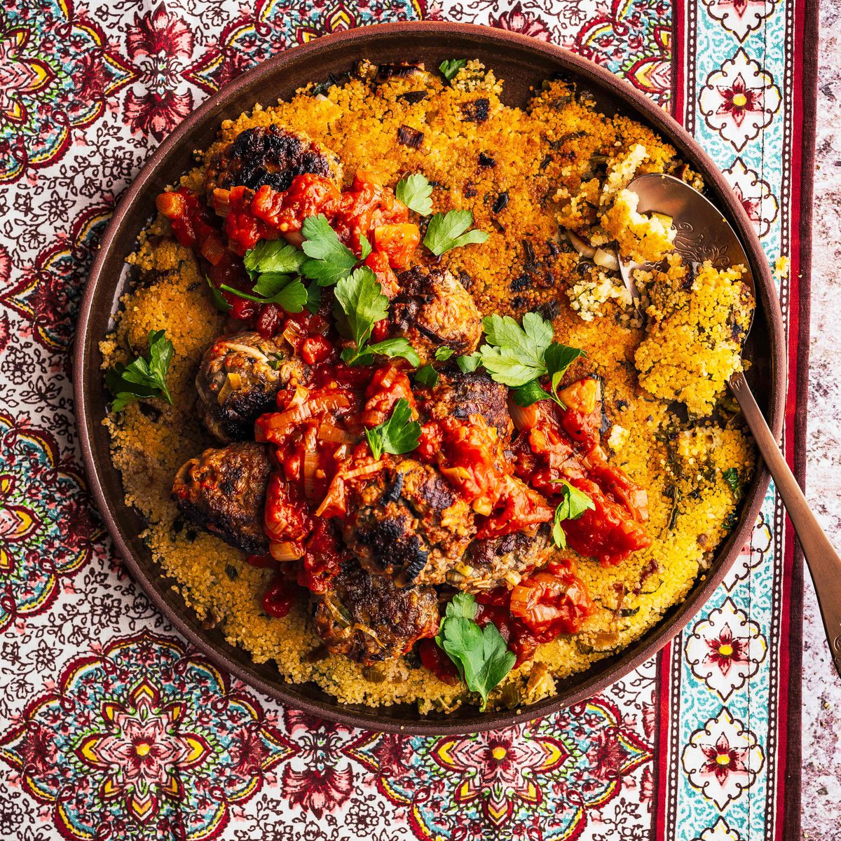 Baharat lamb meatballs with crispy couscous