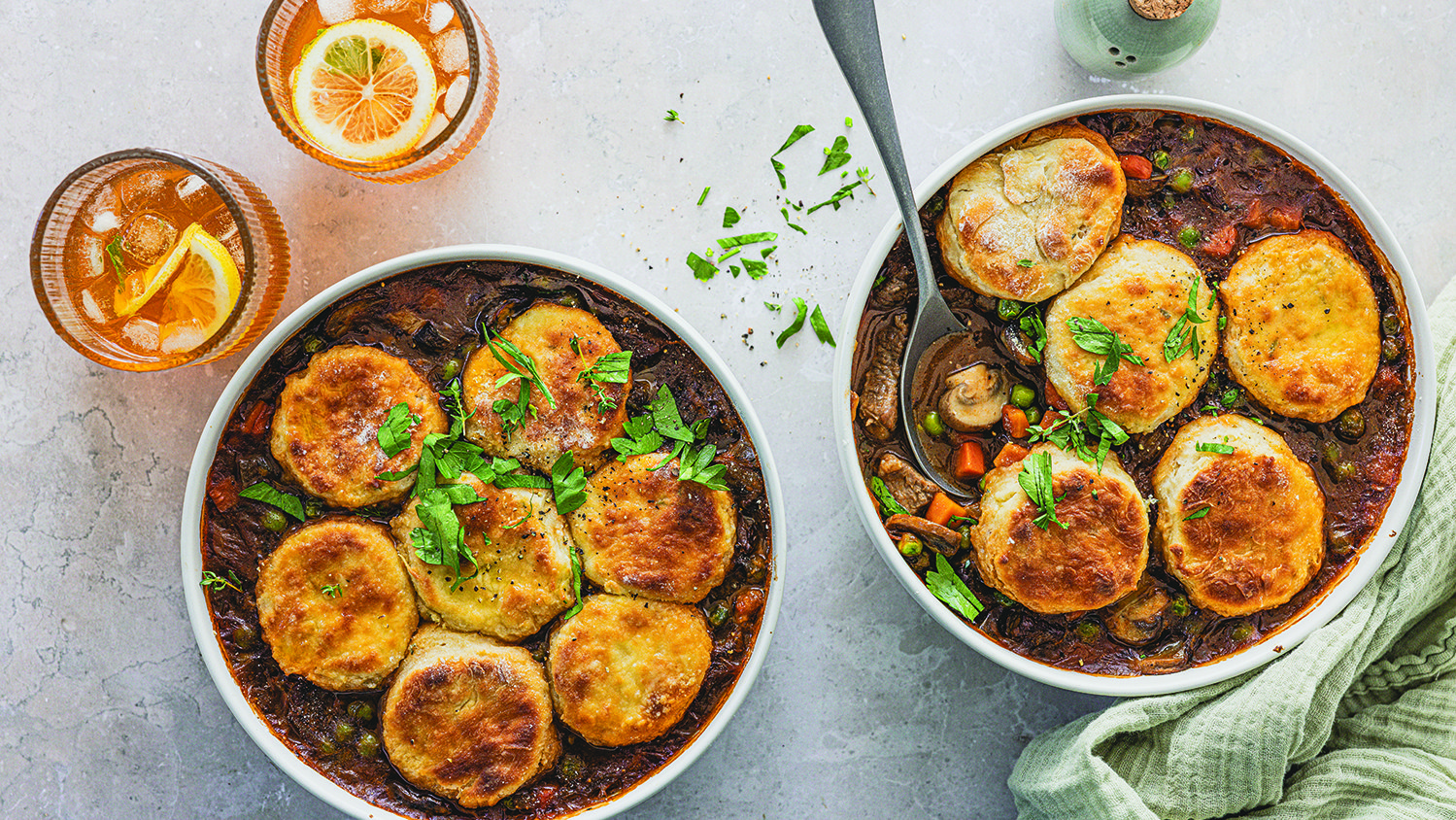 Beef and pea pot pie with soda bread topping