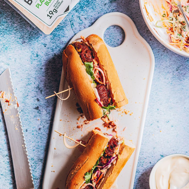 Honey miso meatball subs with rainbow slaw