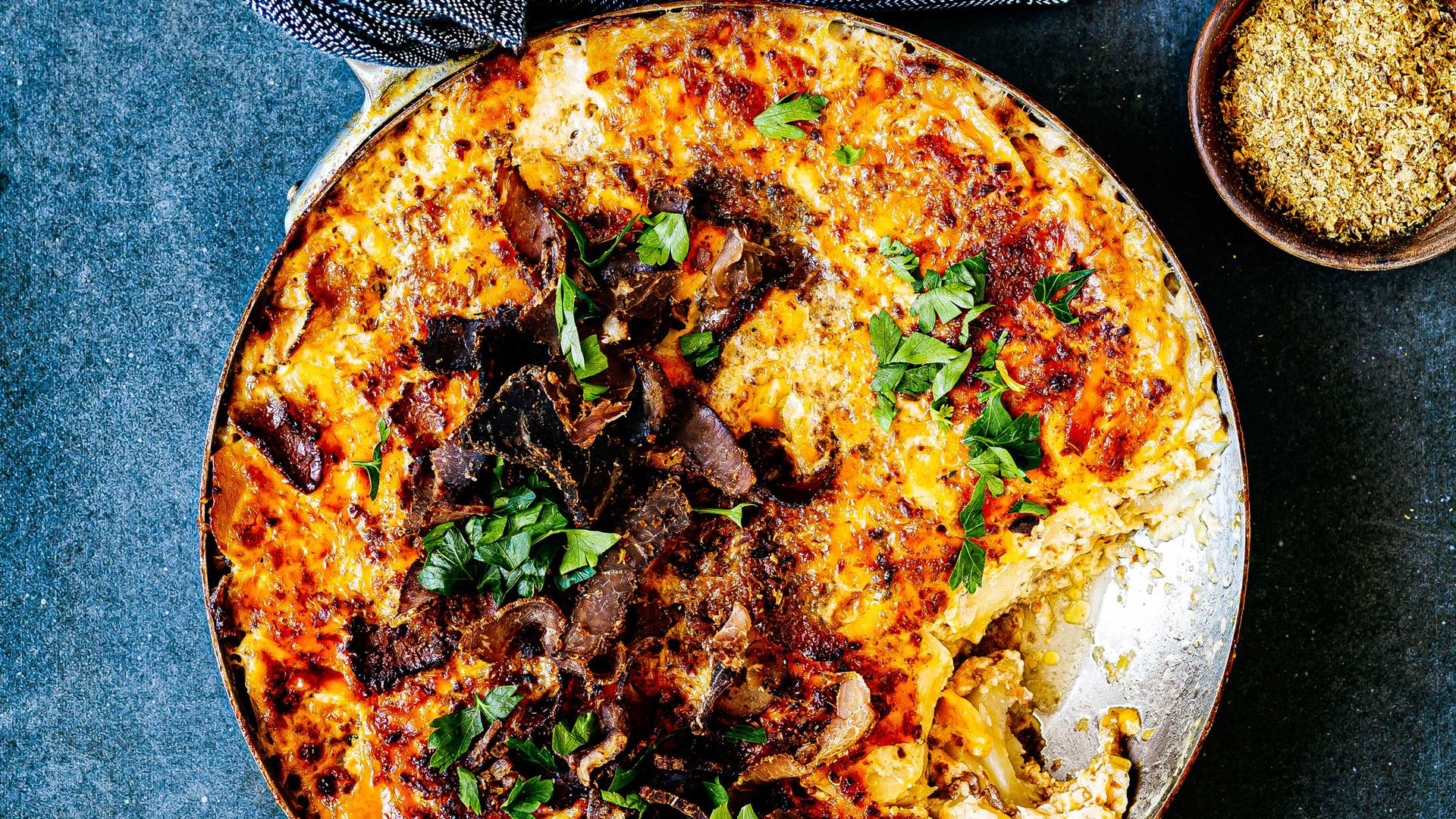 Biltong and cheddar cheese potato bake