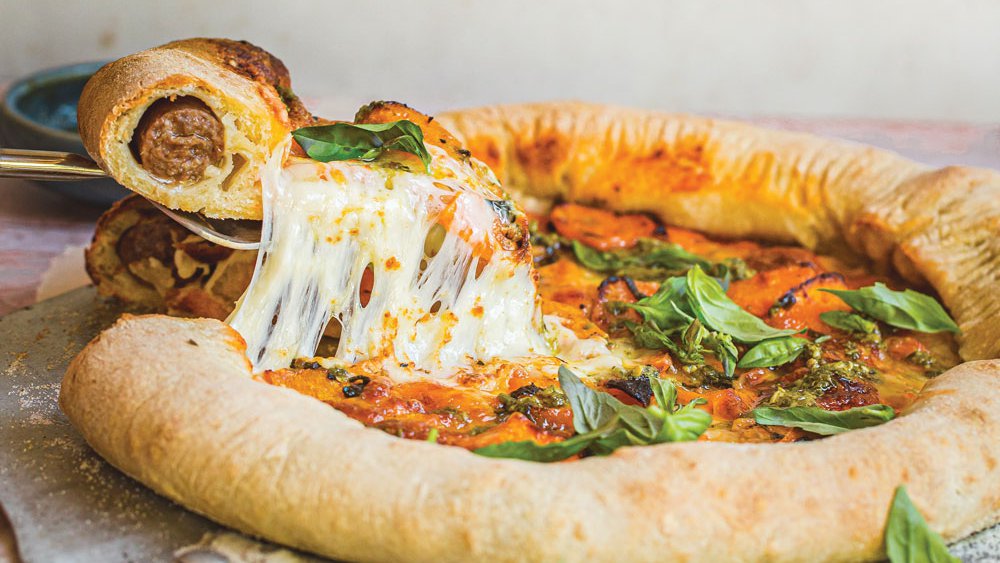 Boerewors stuffed crust butternut and basil pizza