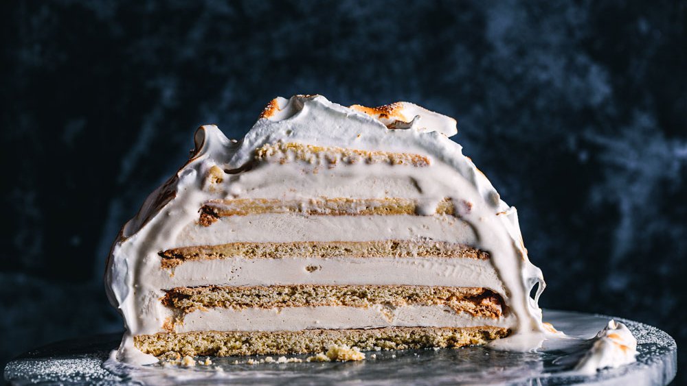 Vanilla and white chocolate bombe Alaska