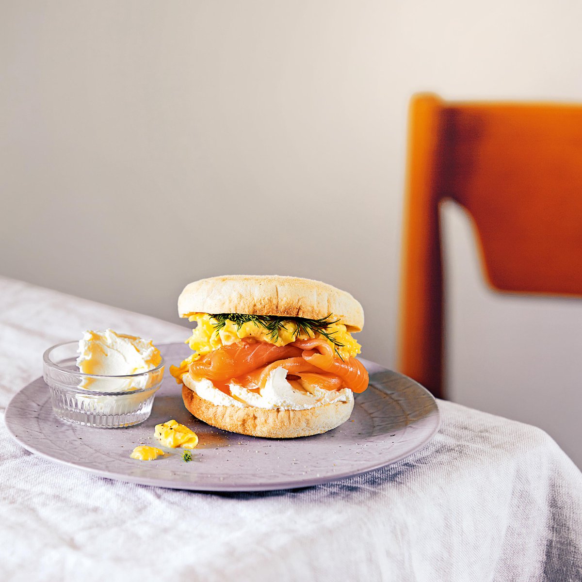 Smoked salmon, dill and scrambled egg muffin