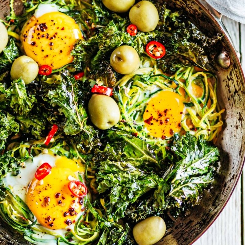 Courgette egg nests with crispy kale