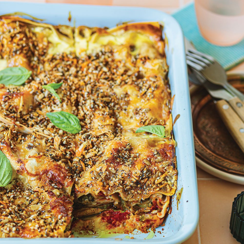 Broccoli and courgette lasagne with cheat's vegan cheese sauce recipe