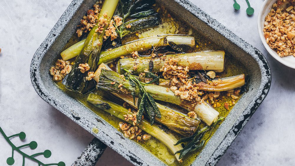Brownbutter leeks with toasted hazelnuts and sage recipe Spinneys UAE
