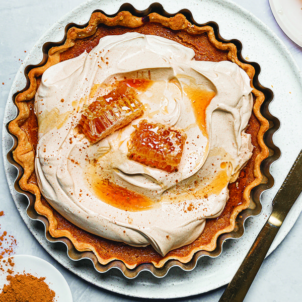 Burnt honey and apple cider pie with spiced whipped cream