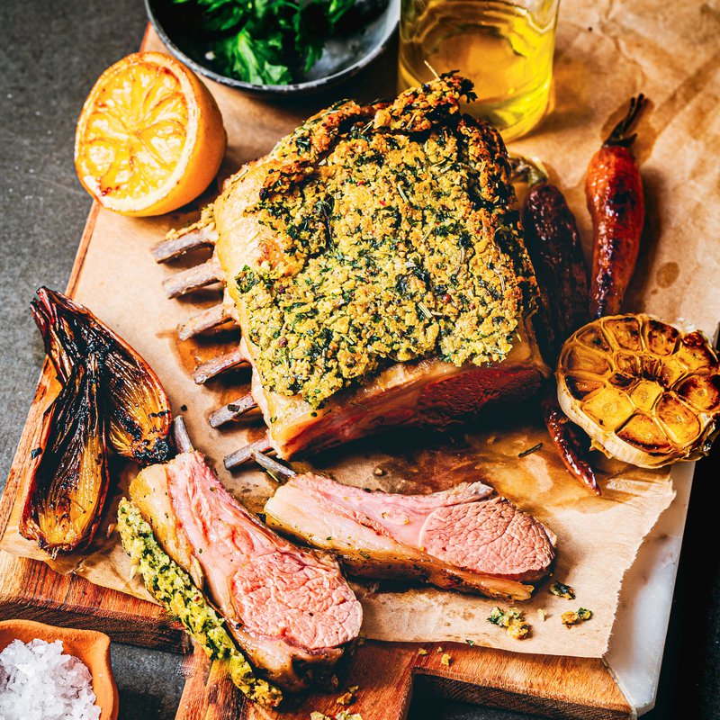 Green herb crusted rack of lamb with mint yoghurt sauce and ratatouille