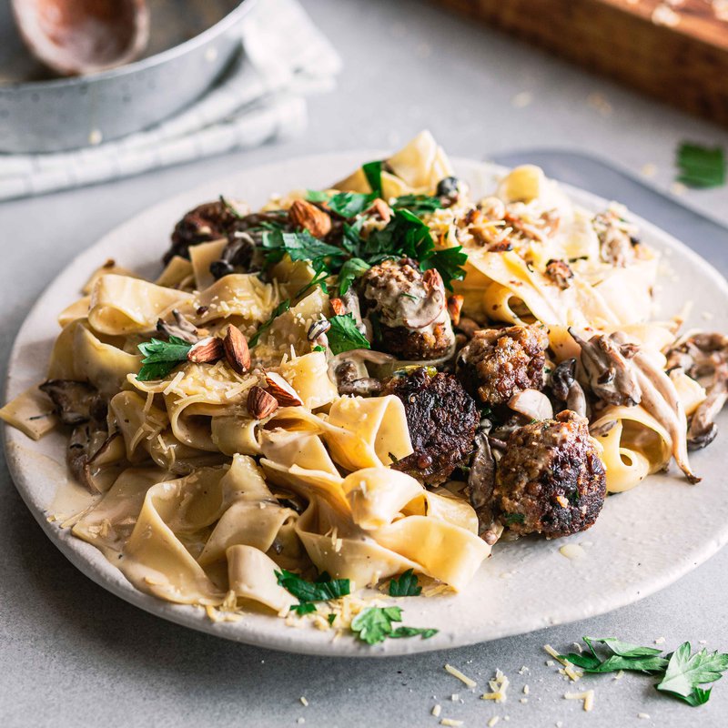 Chicken, lentil and rye meatballs with pappardelle and almonds