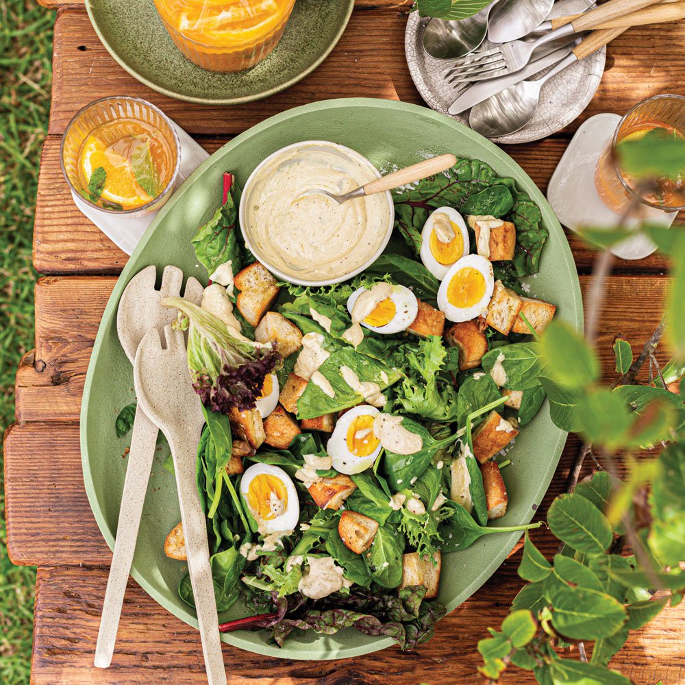 Caesar salad with Delish Mix and labneh Caesar dressing