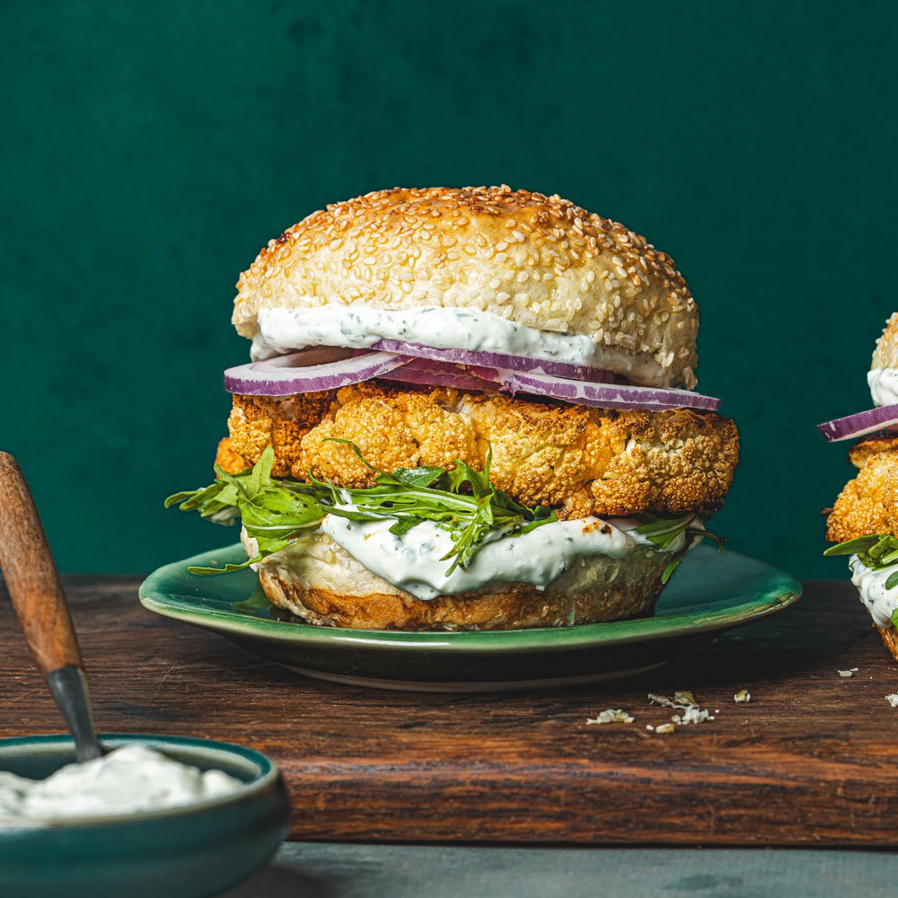 Cauliflower steak burgers with herby whipped goat cheese