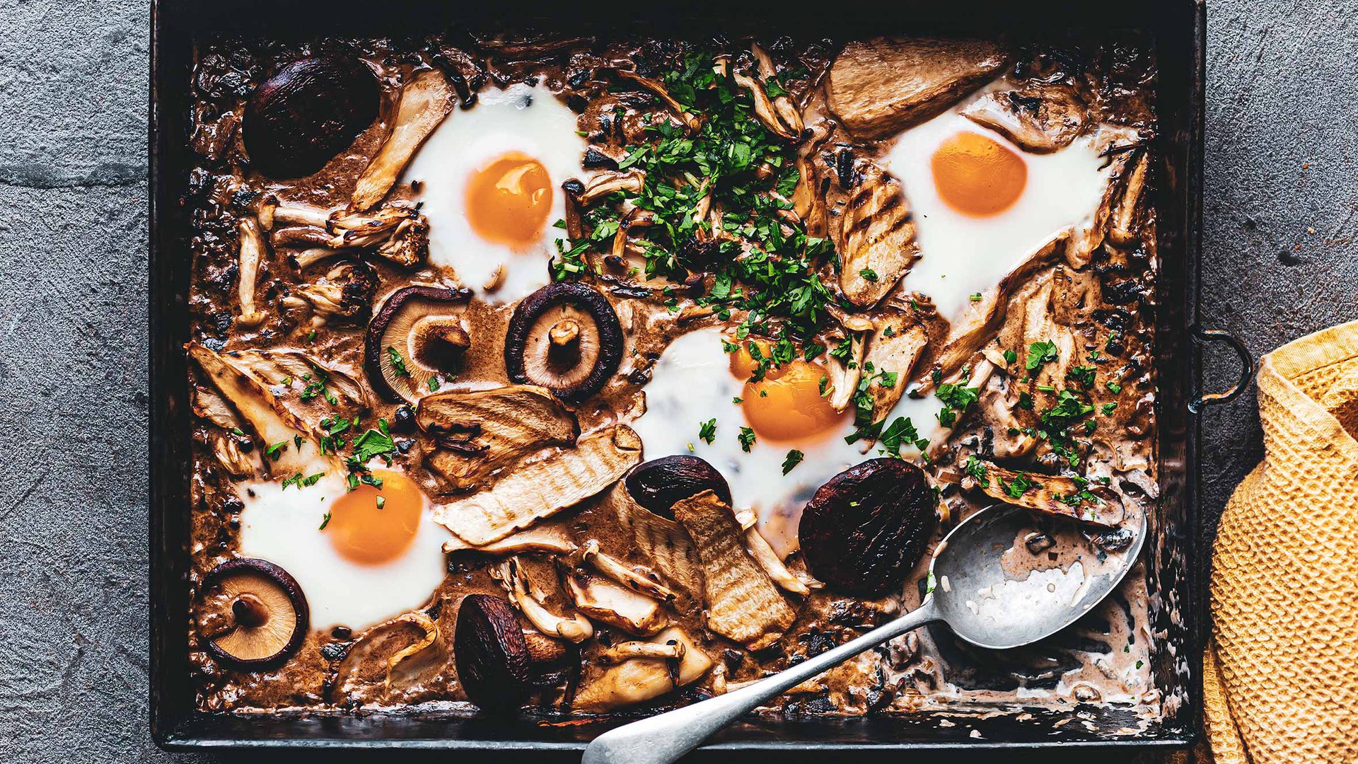Charred mushroom sheet pan shakshuka