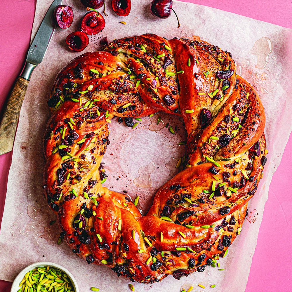 Cherry, chocolate and pistachio babka wreath