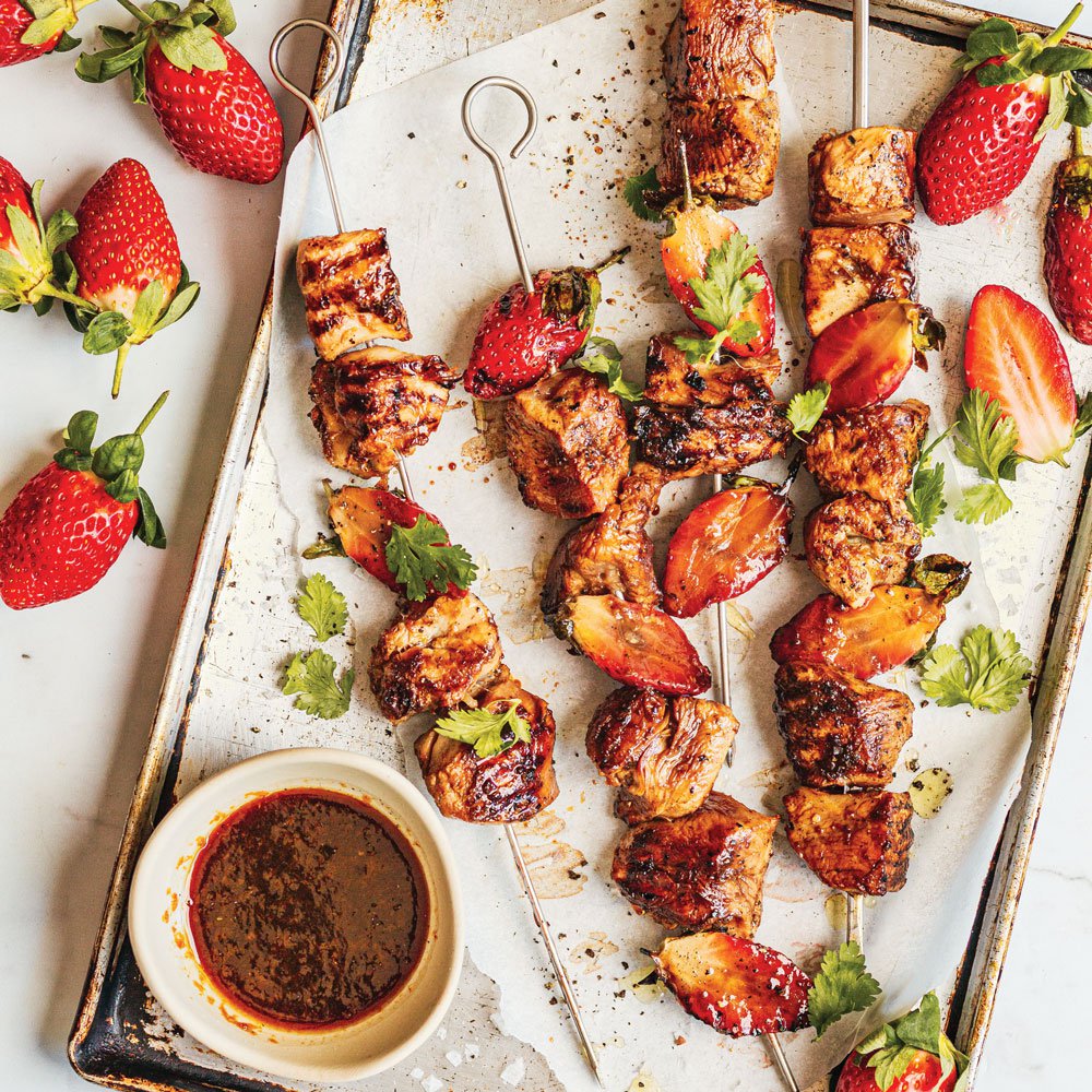 Chicken and strawberry skewers with ginger-orange glaze
