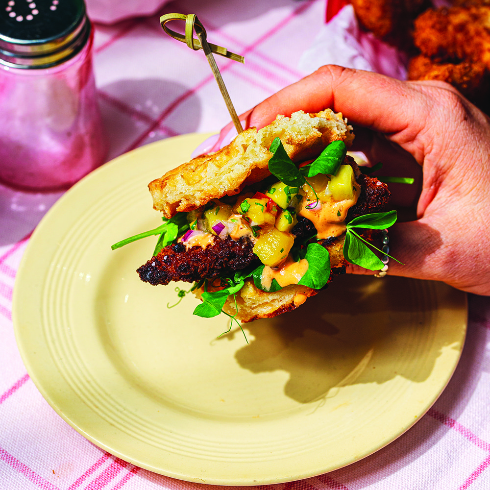 Chicken waffle sliders with tropical salsa