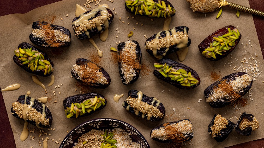 Cinnamon, tahini and toasted sesame-stuffed dates